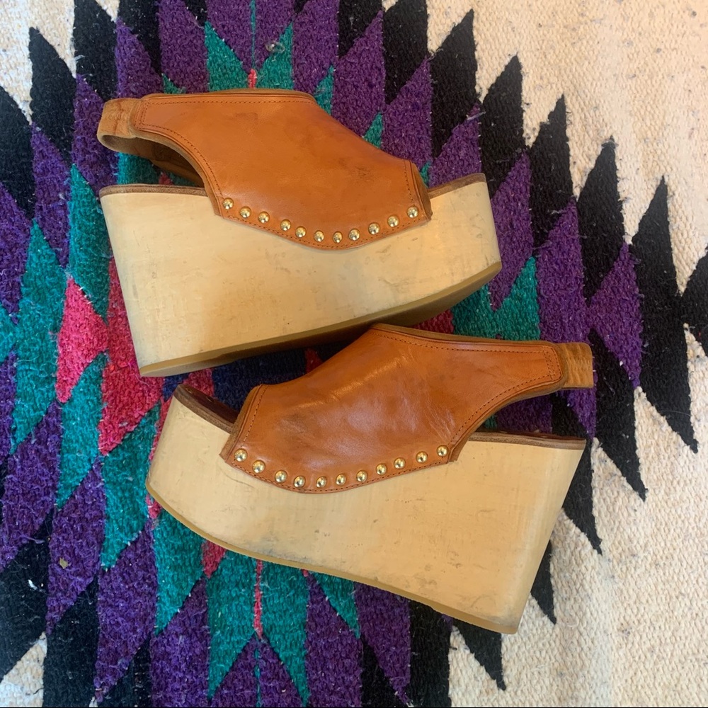 Celine Leather Wood Wedge Sandal 38